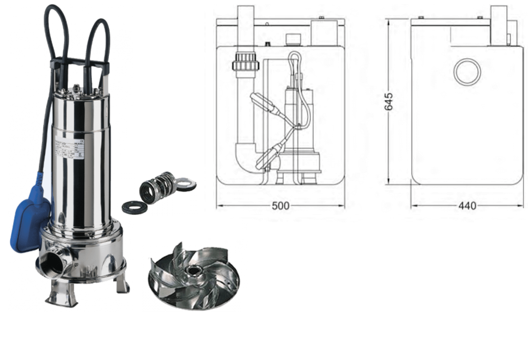 Nerezové čerpadlo Right 100MA, s nerezovým obežným kolom a dvojitou mechanickou upchávkou. Rozmery boxu: 500x645x440mm, Pripojenie: vstupné hrdlo DN100, výtlačné potrubie ø50/63